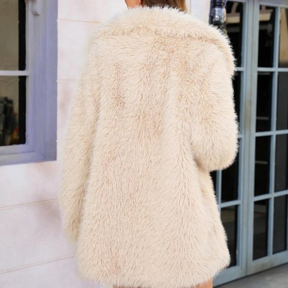 Apricot Preppy Womens Lapel Neck Slant Pockets Fuzzy Coat - Picture 2 of 5